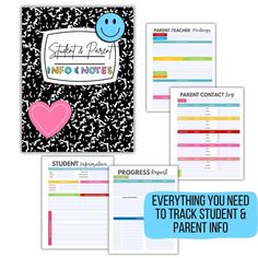 three notebooks with the words, everything you need to track student and parent info