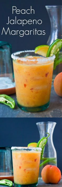 peach jalapeno margaritas in glasses with lime garnish