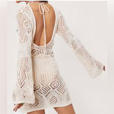 Nasty Gal Low Back Crochet Dress With Bell Sleeves. New With Tags. Would Fit A Size Medium Or Large. Length: 34” Sleeve Length: 22” Mini Beach Cover-up Dress With Hollow Out, Mini Beach Cover-up Dress With Hollow Out Details, Hollow Out Mini Beach Cover-up Dress, Mini Hollow Out Dress For Beach Cover-up, Fitted Hollow Out Mini Dress For Beach Cover-up, Fitted Long Sleeve Crochet Dress As Beach Cover-up, Fitted Long Sleeve Crochet Dress For Beach Cover-up, Cream Open Knit Crochet Dress For Beach, Fitted Long Sleeve Crochet Beachwear Dress