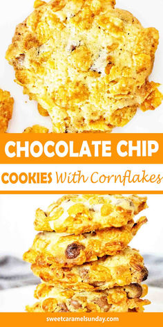 Chocolate chip cookies with cornflakes on white plate. There is text written between 2 images. Cookies With Cornflakes, Cookies With Chocolate Chips, Cornflake Cookies, Cookies With Chocolate, Food Group, Most Popular Recipes, Delicious Dishes, Pinterest Recipes, Popular Recipes