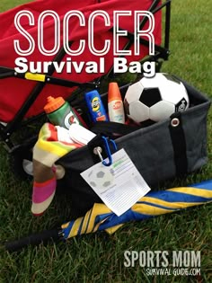 the soccer survival bag is filled with items