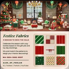 an ad for festive fabrics with christmas decorations and presents on the table in front of a fireplace