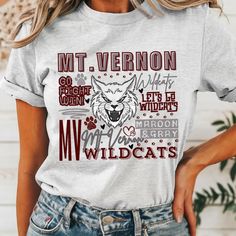 Mt. Vernon Wildcats School Custom School Typography Shirts, Custom Colors, Custom Mascot, Custom School Name, Unisex Fit Bella Brand Shirt DTF About the print:  The design on this tee is DTF "direct to film" meaning the design is printed on film with special ink then cured and pressed onto the garment. The design will sit on top of the fabric, you will be able to feel the design but the design has a lot softer feel than vinyl but still with very vibrant colors. All materials used are high qualit Vintage School Shirt Designs, Elementary School Tshirt Designs, Homecoming Shirts, School Tshirt Designs, School Spirit Shirts Designs, Cheer Gear, School Shirt Designs, School Spirit Shirts, Mt Vernon