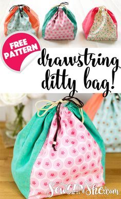 three drawstring bags with different patterns on them and the title overlay reads free pattern