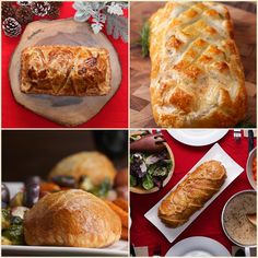 several different pictures of breads and other food items on a red tablecloth with pine cones