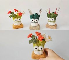 crocheted vases with eyes and flowers in them are made to look like faces