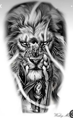 Spartan Warrior Tattoo Gladiators, Lion Warrior Tattoo Design, Warrior Half Sleeve Tattoo Men, Lion Gladiator Tattoo Design, Lion And Warrior Tattoo, Lion With Warrior Tattoo Design, Scared Lion Tattoo, Spartan Warrior Lion Tattoo, Lion With Warrior Tattoo