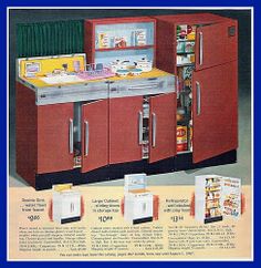 an advertisement for the kitchen appliance, including refrigerators and cabinets with doors open