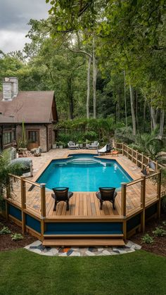 an above ground pool surrounded by wooden decking and chairs next to the swimming pool