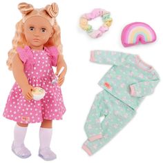 a doll with blonde hair wearing a pink polka dot dress and matching headbands