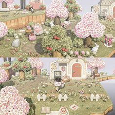 two pictures of the same area with flowers and houses on it, one is pink