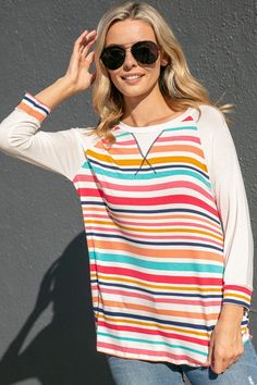 PLUS MULTI STRIPE JERSEY MIXED 3/4 SLEEVE ROUND NECK BASEBALL CASUAL TOP - Multi stripe and solid jersey mixed- Round neck with X stitch- 3/4 sleeves- Relaxed fit baseball casual top- 95% RAYON, 5% SPANDEX - MADE IN U.S.A. Style: Casual Print / Pattern: MULTI STRIPE Fit: Regular Neck Line: ROUND NECK Sleeve: 3/4 SLEEVE Lining: No Made In: United StatesFabric Contents: 95% RAYON, 5% SPANDEXNon-sheer fabricCare Instructions: Machine wash cold, Do not bleachSize Measurement (inch): 1X: 44.0-46.0 (B Multicolor Tops With Contrast Stripes For Spring, Casual Multicolor Tops With Striped Sleeves, White Tops With Contrast Stripes For Layering, White 3/4 Sleeve Tops For Layering, Multicolor Striped Sleeve Tops For Spring, Spring Multicolor Tops With Striped Sleeves, Baseball Tops, Mint Coral, Striped Jersey