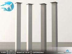 an advertisement with four tall poles in front of a white wall and the words, height 31 to 35