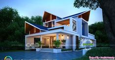 this is a 3d rendering of a modern style house in the evening hours and nights