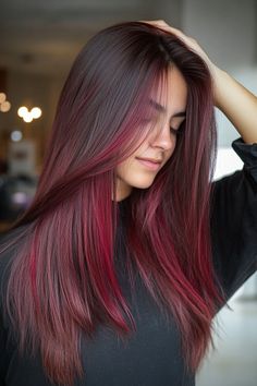 Explore 36 stunning dark red hair colors, from auburn to burgundy! Perfect for a rich and bold transformation. 🔥💁‍♀️ #DarkRedHair #AuburnToBurgundy #HairInspo Dark Colourful Hair, Dark Red Hair With Highlights, Cute Hair Dye Ideas, Hair Color Ideas Red, Best Hair Colour, Red Hair Colors, Dark Fall Hair Colors, Dark Red Hair Color