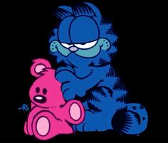 an image of a blue and pink teddy bear sitting next to each other on a black background