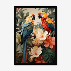 two parrots are sitting on a branch with flowers