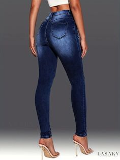 Lasaky - Versatile Womens Denim Pants: Blue Slim Fit High-Stretch Skinny Jeans with Ripped Holes and Slant Pockets Ripped High Rise Stretch Bottoms, Mid-rise Ripped Blue Bottoms, High Rise Stretch Ripped Bottoms, Stretch High Rise Ripped Bottoms, Ripped Dark Wash Denim Bottoms, Blue Ripped Non-stretch Bottoms, Non-stretch Ripped Blue Bottoms, Non-stretch Ripped Blue Jeans, Blue Non-stretch Ripped Bottoms