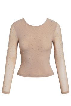 Solaria Crystal Embellished Mesh Top | LEAU Mesh Mini Skirt, Crystal Embellishment, Mesh Material, Top Sales, Holiday Collection, Modern Woman, Mesh Top, Round Neckline, Fabric Care