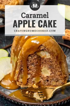 caramel apple cake is on a plate with a fork and some apples in the background