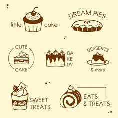 the different types of desserts are shown in this hand drawn illustration, which includes cake and sweets