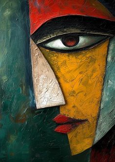 an abstract painting of a woman's face with red and yellow colors on it