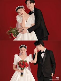 two pictures of a man and woman dressed in wedding attire, one is holding the bride's bouquet