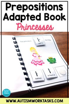 a book with the title prepositions adapted book princesses written in pink and green