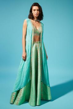 Shop for Chamme and Palak Blue Raw Silk Embroidered Cape And Palazzo Set for Women Online at Aza Fashions Silk Palazzo Pants, Embellished Jacket, Silk Jacket, Custom Bridal, Georgette Fabric, Silk Pants, Long Jacket, Pant Set, Palazzo Pants