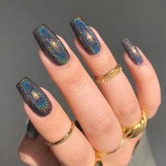 Top Nails Designs, Black And Gold Witchy Nails, Black Rainbow Chrome Nails, Nail Art Paillette, Nail Business, Witchy Nails, 2024 Nails, Fall Acrylic Nails, Nail Nail