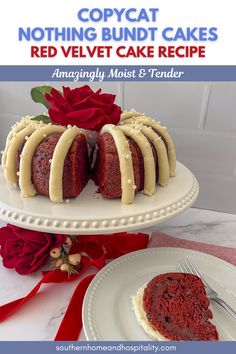 a red velvet bundt cake with white frosting and a single slice cut out