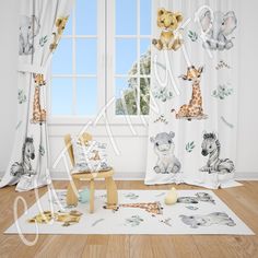 a child's room with curtains, rugs and stuffed animals on the floor