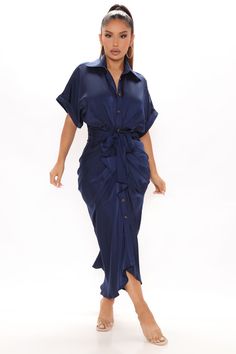 Stuck In The City Satin Midi Dress - Navy, Dresses | Fashion Nova Plus Size Mini Dresses, Dress Collar, Navy Midi Dress, Loungewear Women, Shirt Dress Style, Satin Midi Dress, Navy Fashion, Plus Size Maxi Dresses, Style Maxi Dress