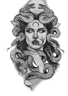 a drawing of a woman with snakes on her head and hands in front of her face