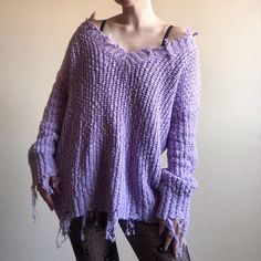 Pastel Distressed Sweater Brand New F21 Pale Lavender Long Sleeved V-Neck Popcorn Chunky Oversized Knit Top, Size Small (Modeled As A Sweater Dress). Intentional Frayed And Torn Ends With Fringe Details, Ribbed Trim, In Perfect Condition Lying Flat: 27” Long, 22” Pit Shredded Ripped Fairy Grunge Halloween Pastel Grunge Aesthetic Outfits, Purple Aesthetic Outfit Grunge, Pastel Grunge Fashion, Purple Sweater Outfit, Lunch Summer, Goth Sweater, Descendants Dr, Goth Tops, Band Au