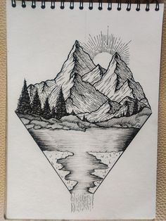 a drawing of mountains and trees in the water on a piece of white paper with black ink