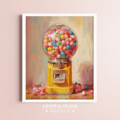 a painting of a gumball machine with lots of candy in it's display