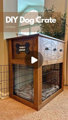 the diy dog crate is made out of wood and has a metal cage underneath it