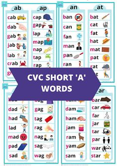 cvc short a'words with pictures on them and the words below it are in blue