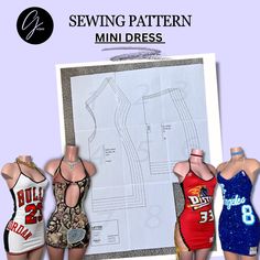 three mannequins are shown in front of a sewing pattern for mini dresses