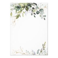 a white paper with watercolor leaves and greenery on the edges, in front of a