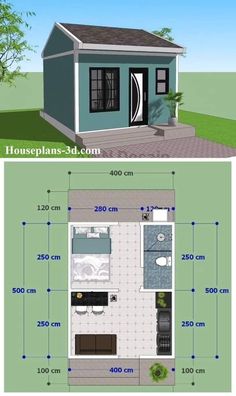 the floor plan for a small house is shown in blue and white, with measurements to each