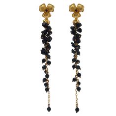 Introducing these stunning dyed onyx cascade dangle earrings with 24K gold plated open flowers. Earrings are handcrafted in Colombia and 24K gold plated. Elegant Gold Flower Earrings With Dangling Beads, Flowers Earrings, Open Flower, Gold Flower, Gold Plated Earrings, Gold Flowers, Onyx, Dangle Earrings, Gold Plate