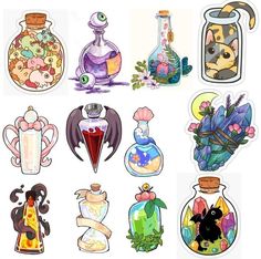 several stickers with different types of bottles and flowers in them on a white background