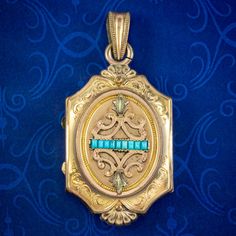 An exquisite antique Victorian mourning locket from the late 19th Century fashioned in a rosy 18ct gold gilt metal and decorated with chased patterning and a line of turquoise across the centre which were a symbol of love and remembrance in the Victorian era.  It's been beautifully preserved and is complete with a lock of black hair inside that most likely belonged to the lady in the accompanying photograph who may have been the wife or mother of the original owner and was clearly very dear to t Victorian Turquoise Jewelry For Wedding, Turquoise Locket For Wedding Jewelry, Turquoise Locket Jewelry For Wedding, Turquoise Wedding Locket Jewelry, Turquoise Medallion Locket Jewelry, Victorian Hallmarked Turquoise Jewelry, Antique Hallmarked Turquoise Jewelry, Victorian Turquoise Hallmarked Jewelry, Formal Turquoise Engraved Jewelry