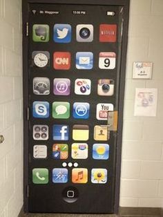 an iphone is displayed in front of a wall with many different app icons on it