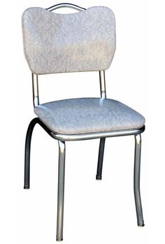 a white chair with a metal frame and seat cushion on it's back side