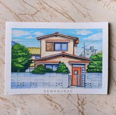 a postcard with a drawing of a house