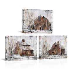 three paintings of barn in winter with trees and snow on the ground, one has an old