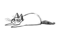 a black and white drawing of a cat laying on the ground with its eyes closed